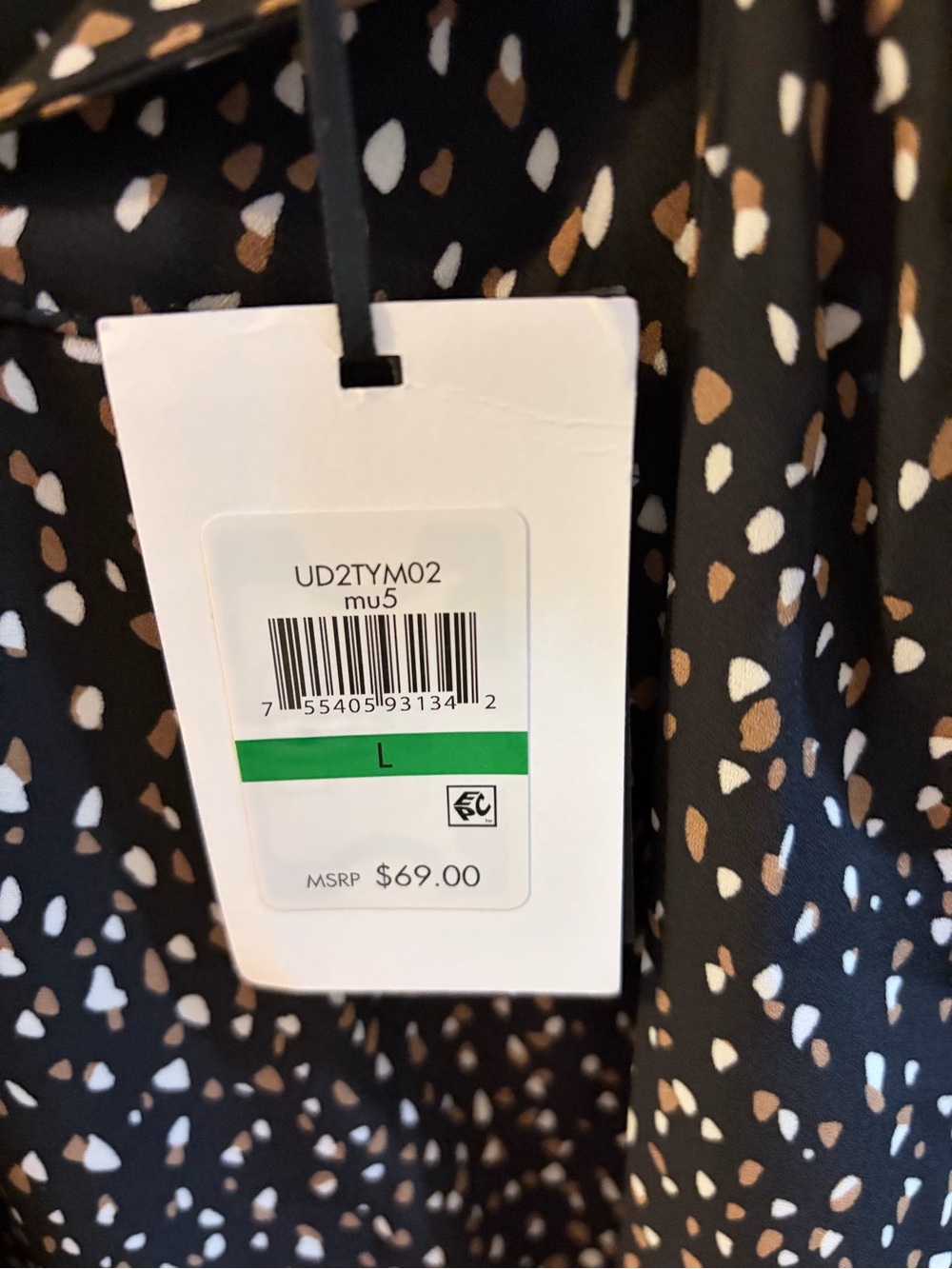 DKNY Black Printed Dress with White and Brown Speckle Print